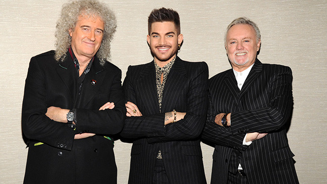 NEW YORK, NY - MARCH 06: (Exclusive Coverage) Brian May, Adam Lambert and Roger Taylor backstage before their Queen (Brian May and Roger Taylor) + Adam Lambert North American tour announcement at Madison Square Garden on March 6, 2014 in New York City. The tour kicks off on June 19, 2014 in Chicago. (Photo by Kevin Mazur/WireImage) *** Local Caption *** Brian May; Adam Lambert; Roger Taylor